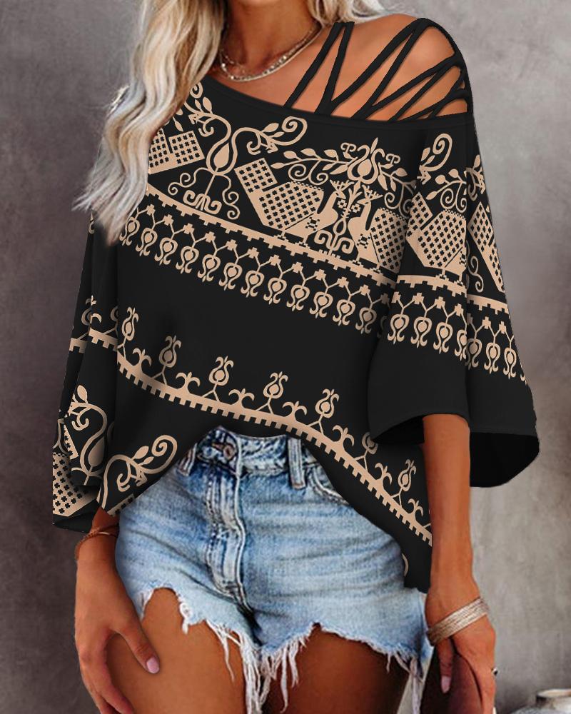 

Tribal Print Cold Shoulder Bell Sleeve Top, Black