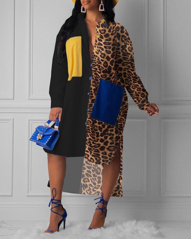 

Leopard Print Pocket Design Button Down Shirt Dress