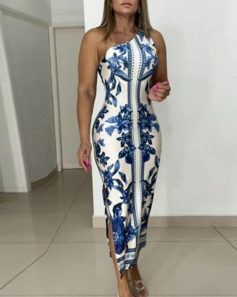 

Floral Print One Shoulder Sleeveless Bodycon Dress Sexy Slim Fit Slit Midi Dress, Blue