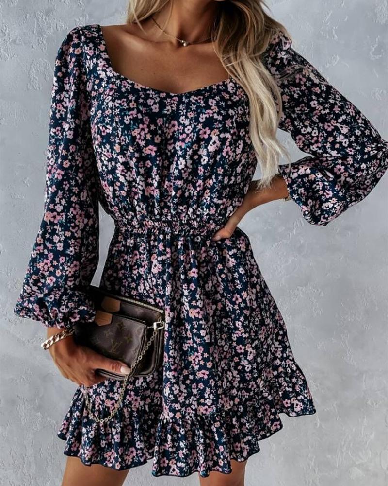 

Ditsy Floral Print Lantern Sleeve Shirred Waist Ruffle Hem Dress, Blue