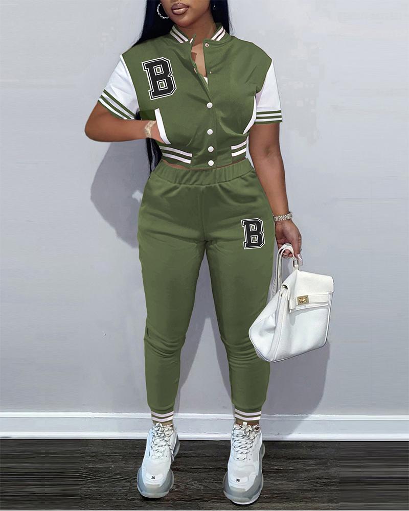 

Letter Patch Button Front Crop Top & Pants Set, Green