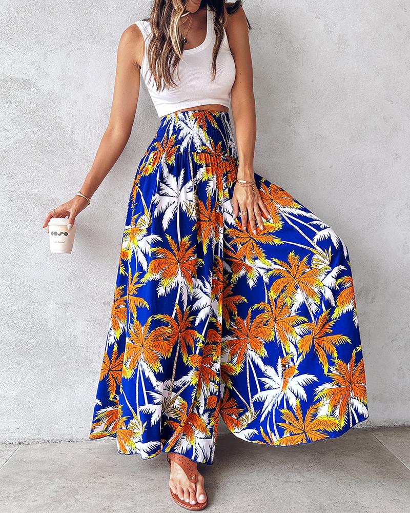 

Coconut Tree Print Shirred Wide Leg Pants, Blue