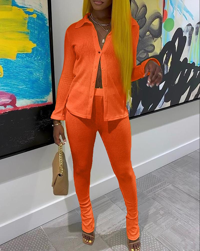 

Ribbed Long Sleeve Buttoned Top & Pants Set, Orange
