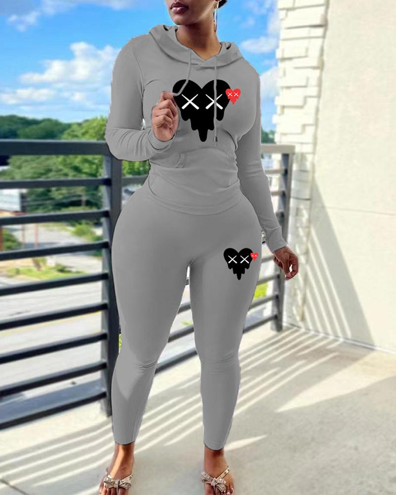 

Heart Print Long Sleeve Casual Top & Pants Set, Gray