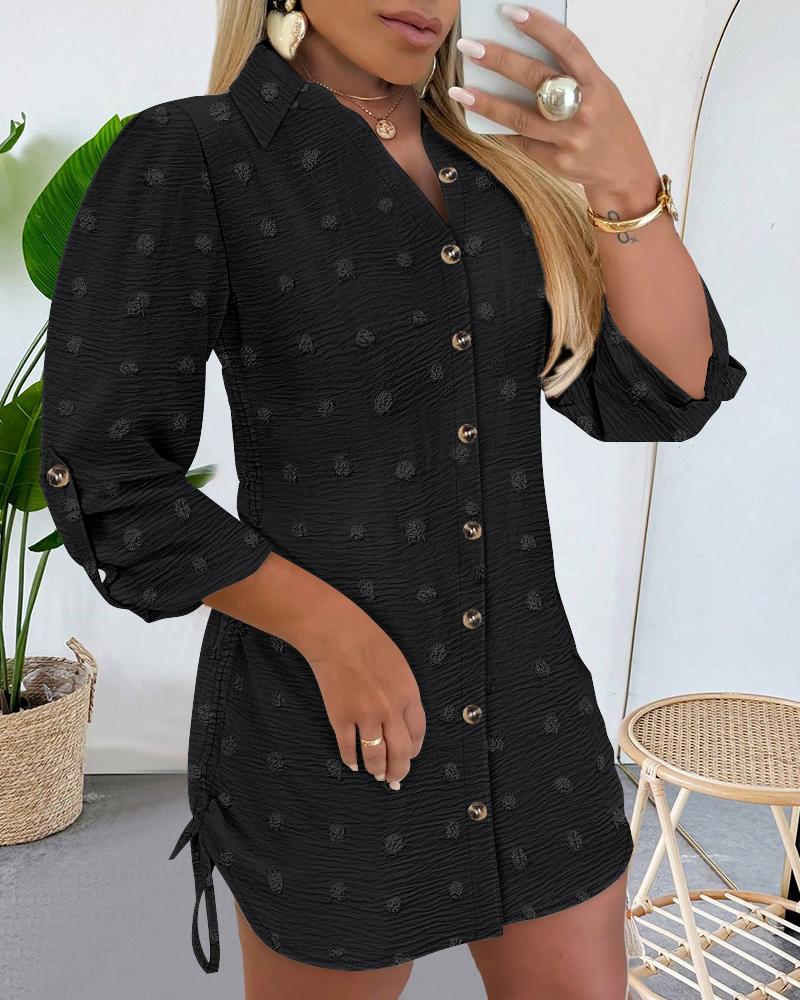 

Robe chemise en mousseline de soie à manches longues et col montant à gros pois suisses, mini-robe décontractée à boutons, Black