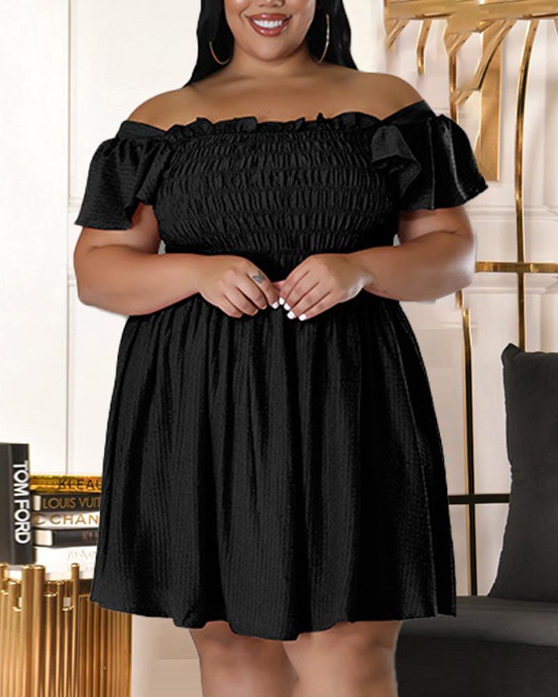

Plus Size Off Shoulder Frill Hem Shirred Casual Dress, Black