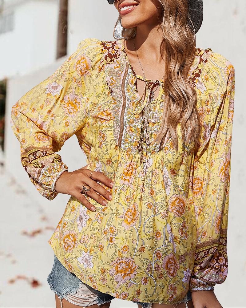 

Floral Print Tied Detail Lantern Sleeve Top, Yellow