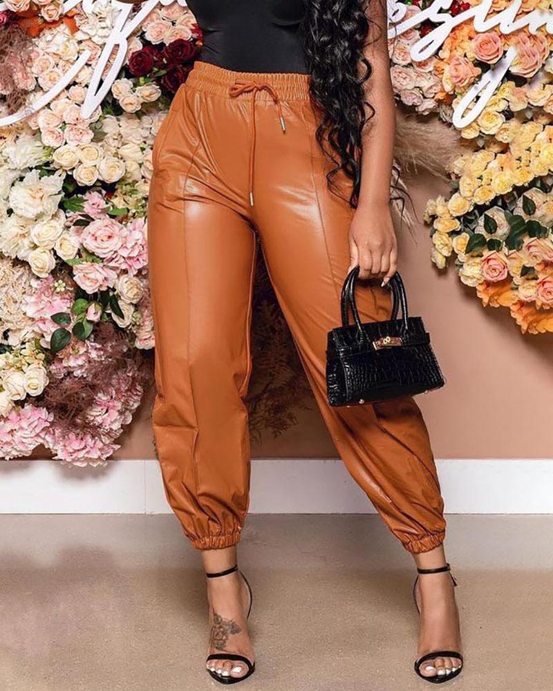 Plus Size High Waist Drawstring PU Leather Pants