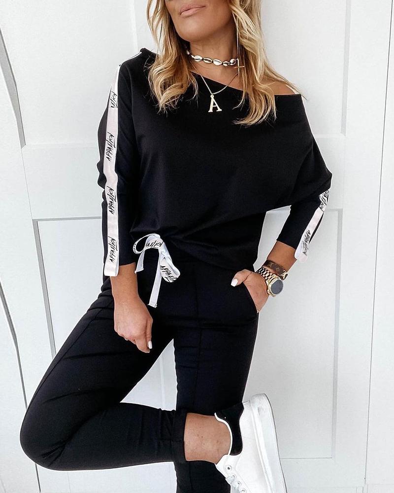 

Letter Tape Long Sleeve Top & Pocket Design Pants Set, Black