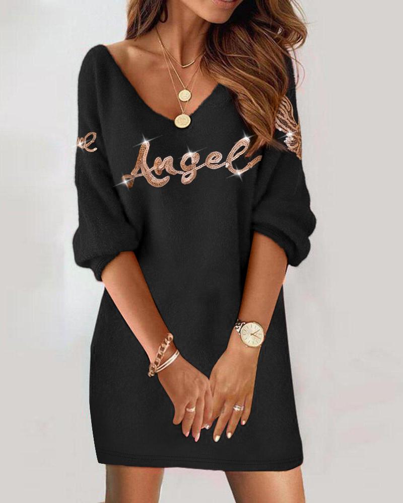 

Sequin Angle Wings Pattern Casual Dress, Black