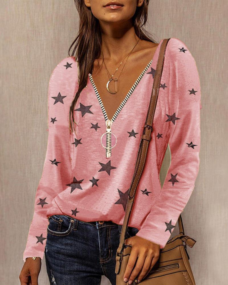 

Star Print Long Sleeve Zip Front Top, Pink