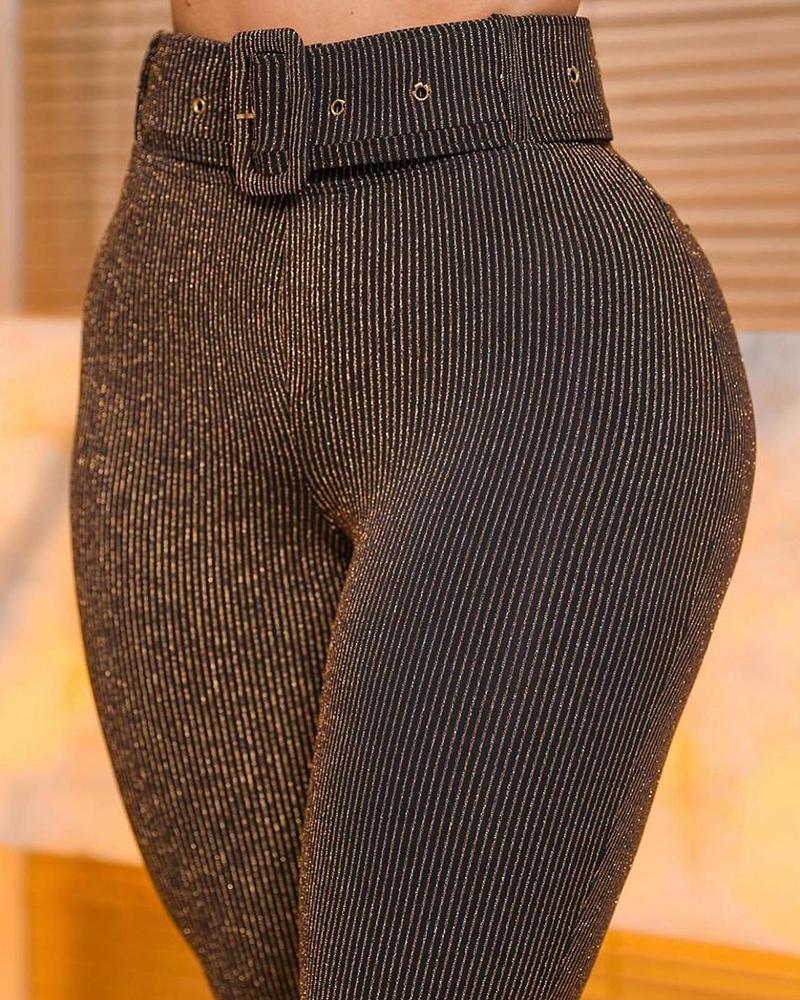 

Glitter High Waist Skinny Pants With Belt, Brown