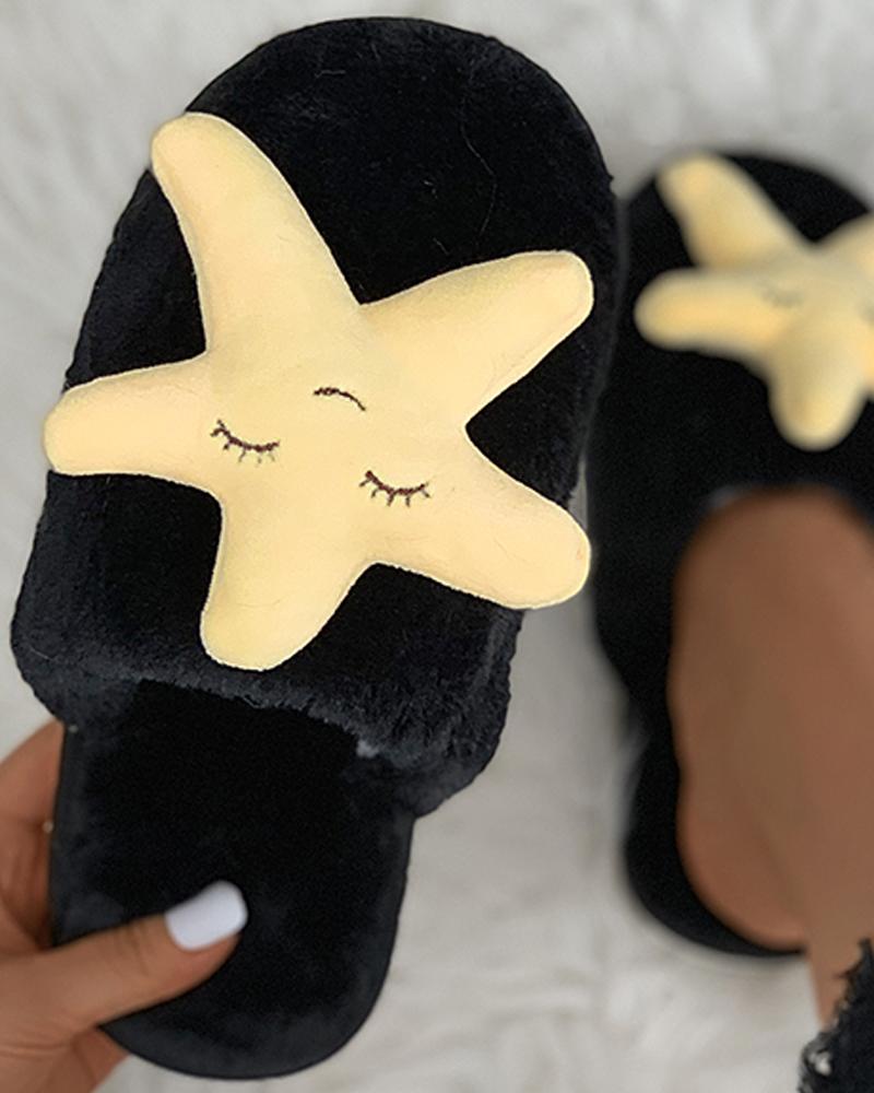 

Starfish Pattern Fluffy Slippers, Black
