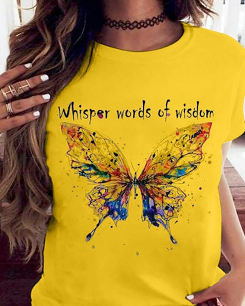 

Butterfly Print Short Sleeve Casual T-shirt, Yellow