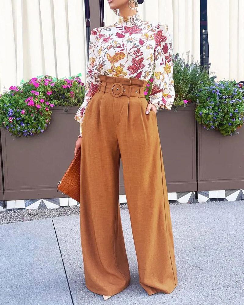 

High Waist Wide Leg Pants With Belt, Orange
