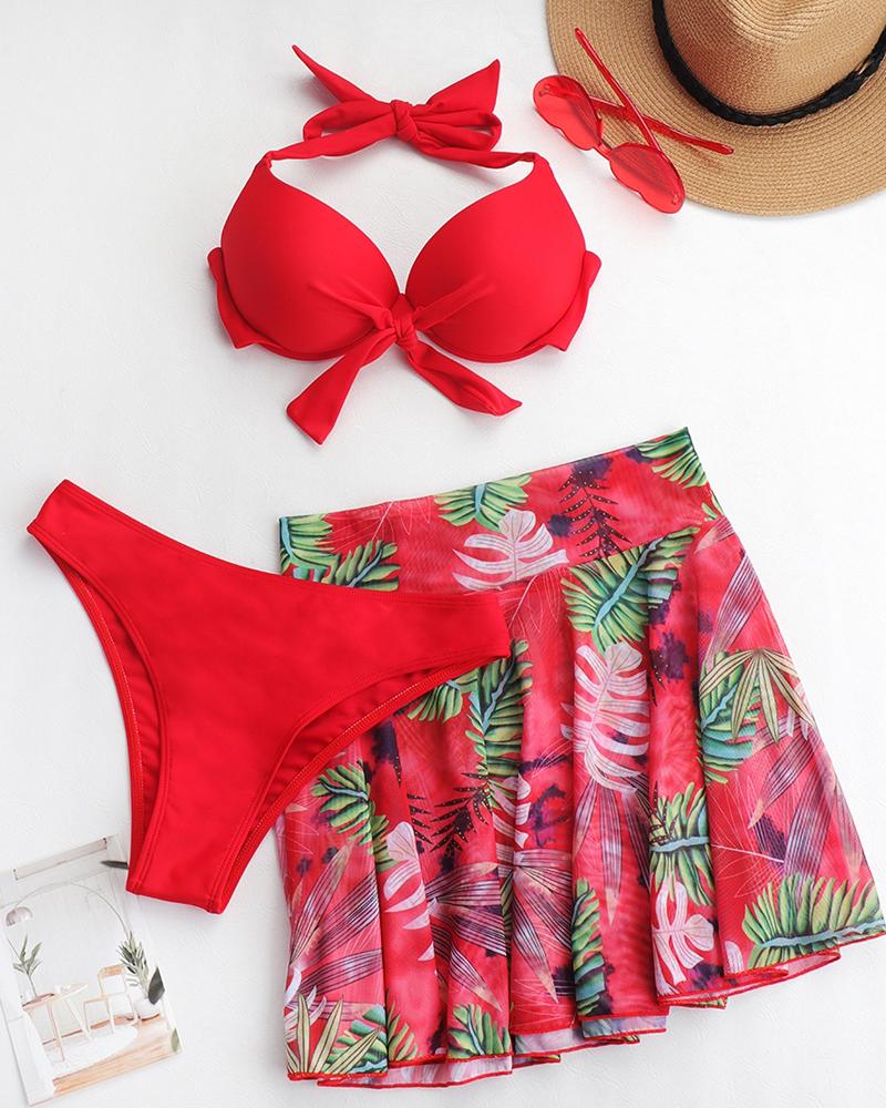 

3PCS Halter Bikini Set With Tropical Print Cover Up, Red