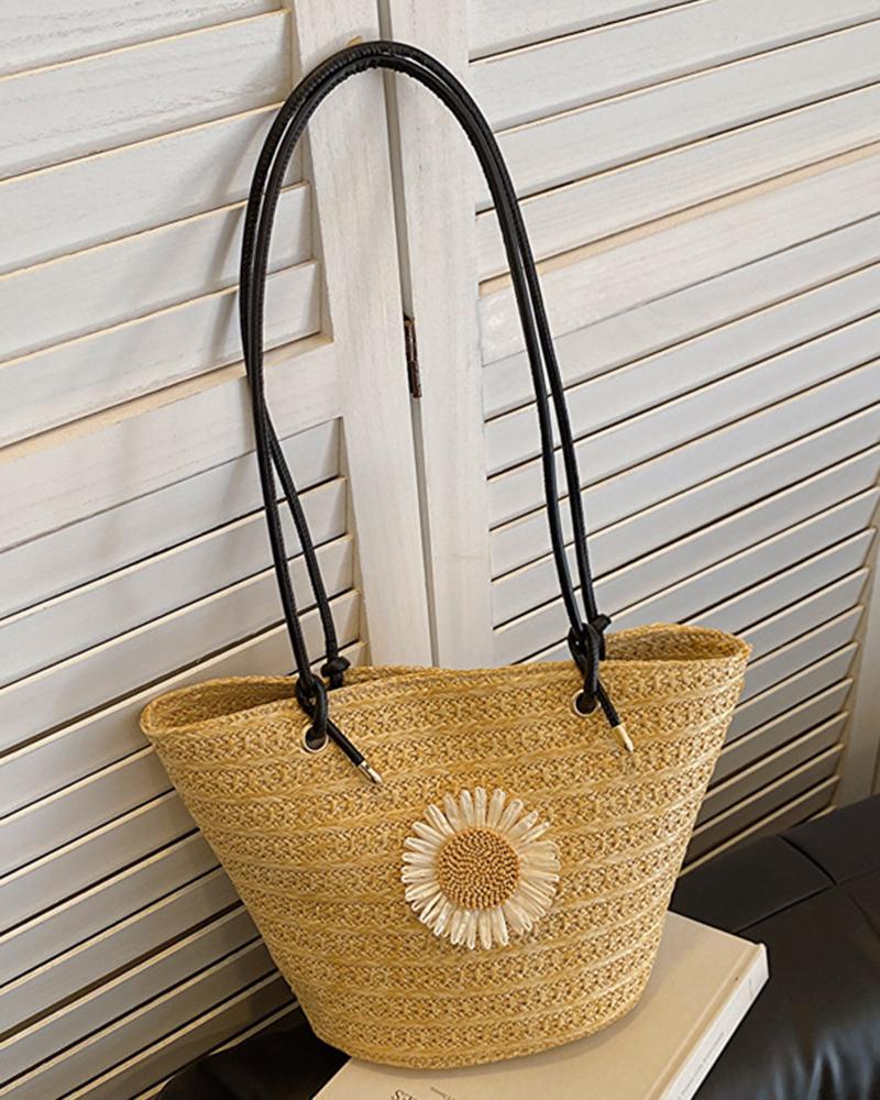 

Daisy Straw Beach Shoulder Bucket Bag, Black
