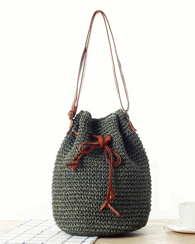 

Braided Drawstring Casual Bucket Beach Bag, Green