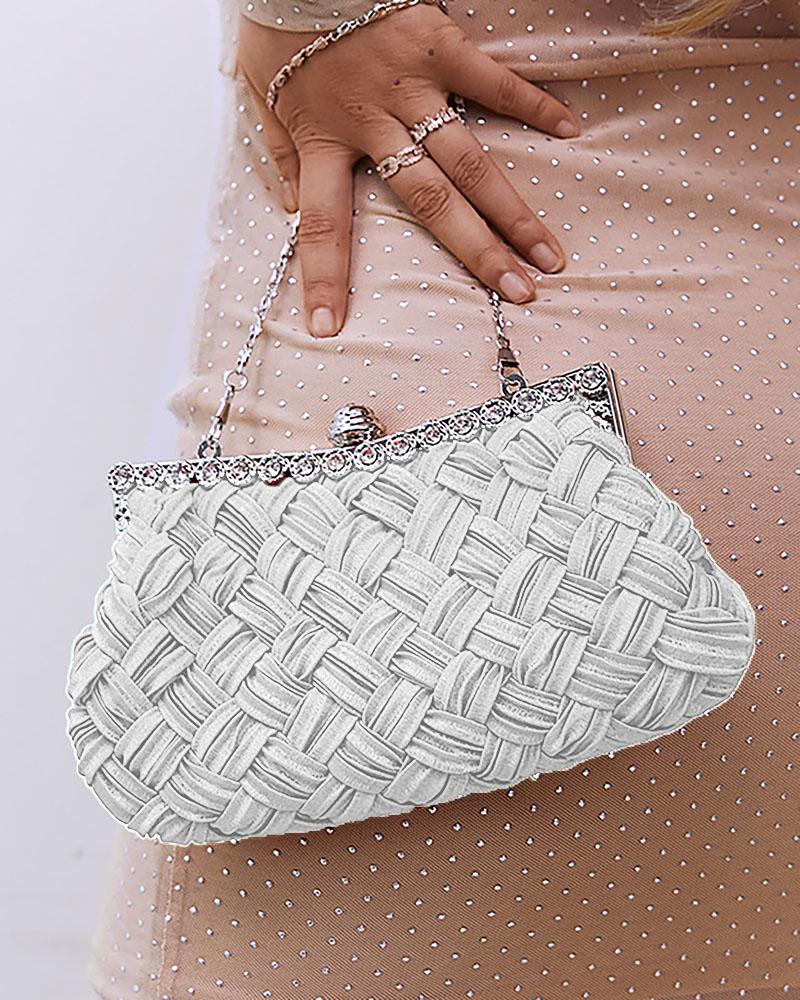 

Rhinestone Decor Braided Clutch Bag, White