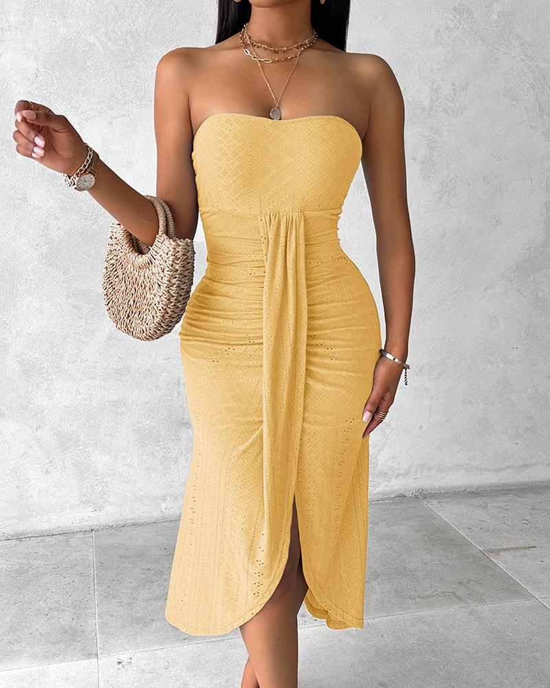 

Strapless Ruched High Waist Wrap Split Asymmetrical Beach Maxi Long Dress, Yellow