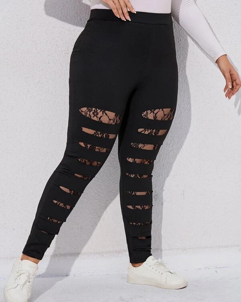 

Plus Size Ladder Cutout Lace Patch Skinny Pants, Black