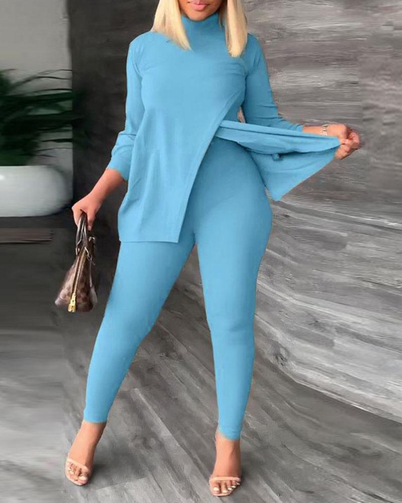 

Plus Size Split Hem Top & Pants Set, Blue