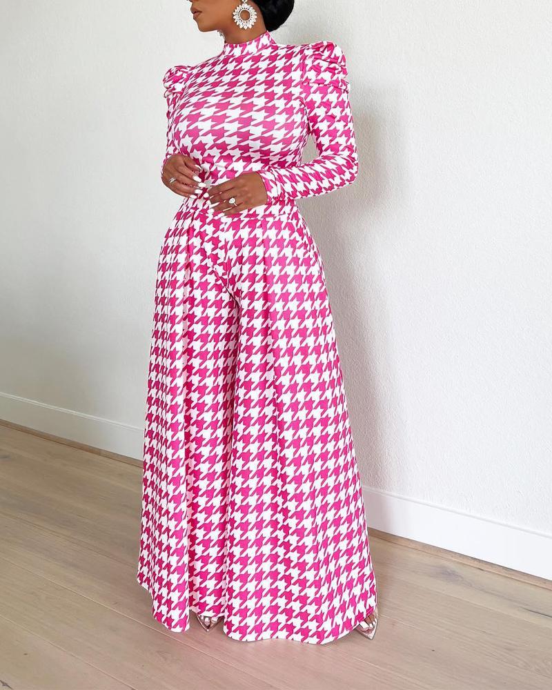 

Houndstooth Print Puff Sleeve Wide Leg Jumpsuit, Pink