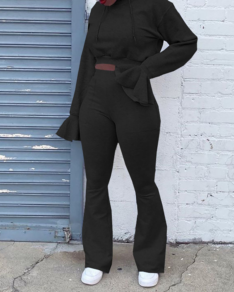 

Bell Sleeve Hooded Crop Top & High Waist Bootcut Pants Set, Black