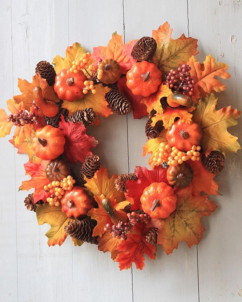 

Fall Wreath Autumn Harvest Wreaths Maple Leaf Pumpkin Pine Cones Wreaths For Front Door Halloween Thanksgiving Festival Decoration, Style1