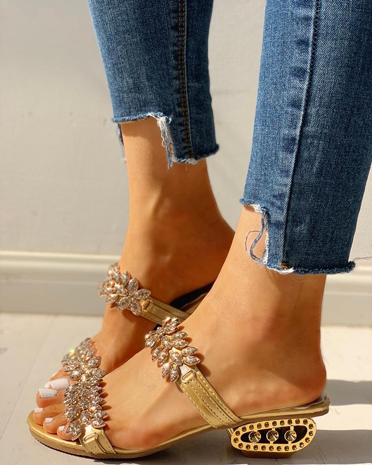 

Rhinestone Floral Pattern Double Band Chunky Heels, Gold