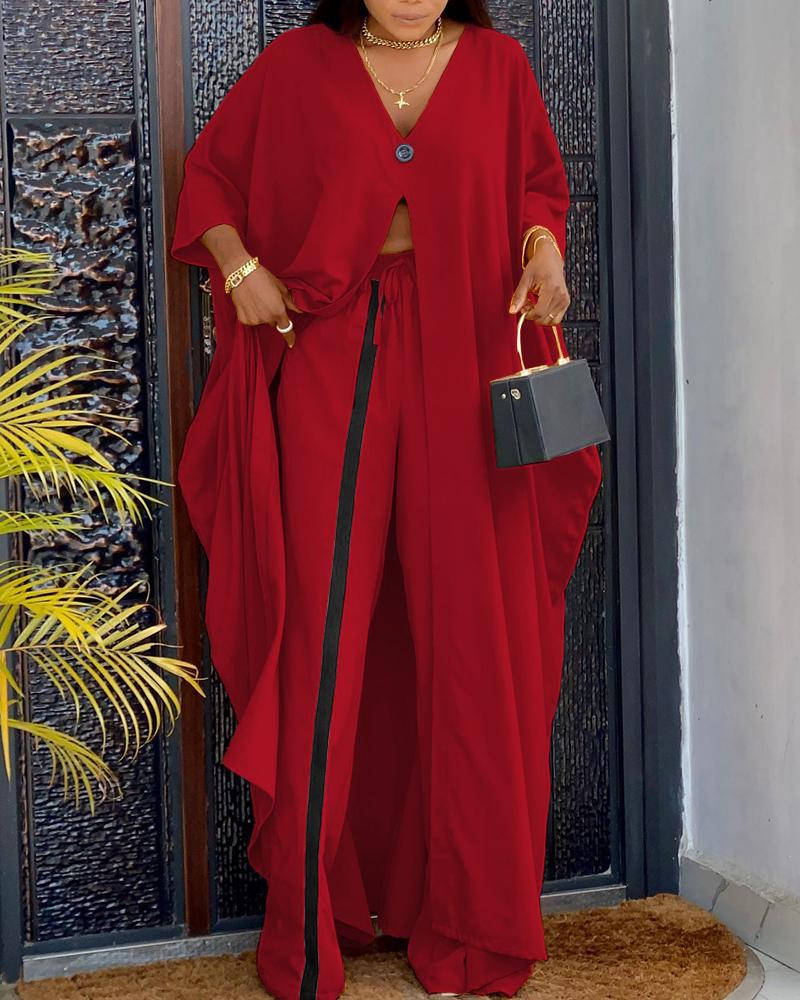 

Long Sleeve Slit Longline Top & Contrast Paneled Pants Set, Red