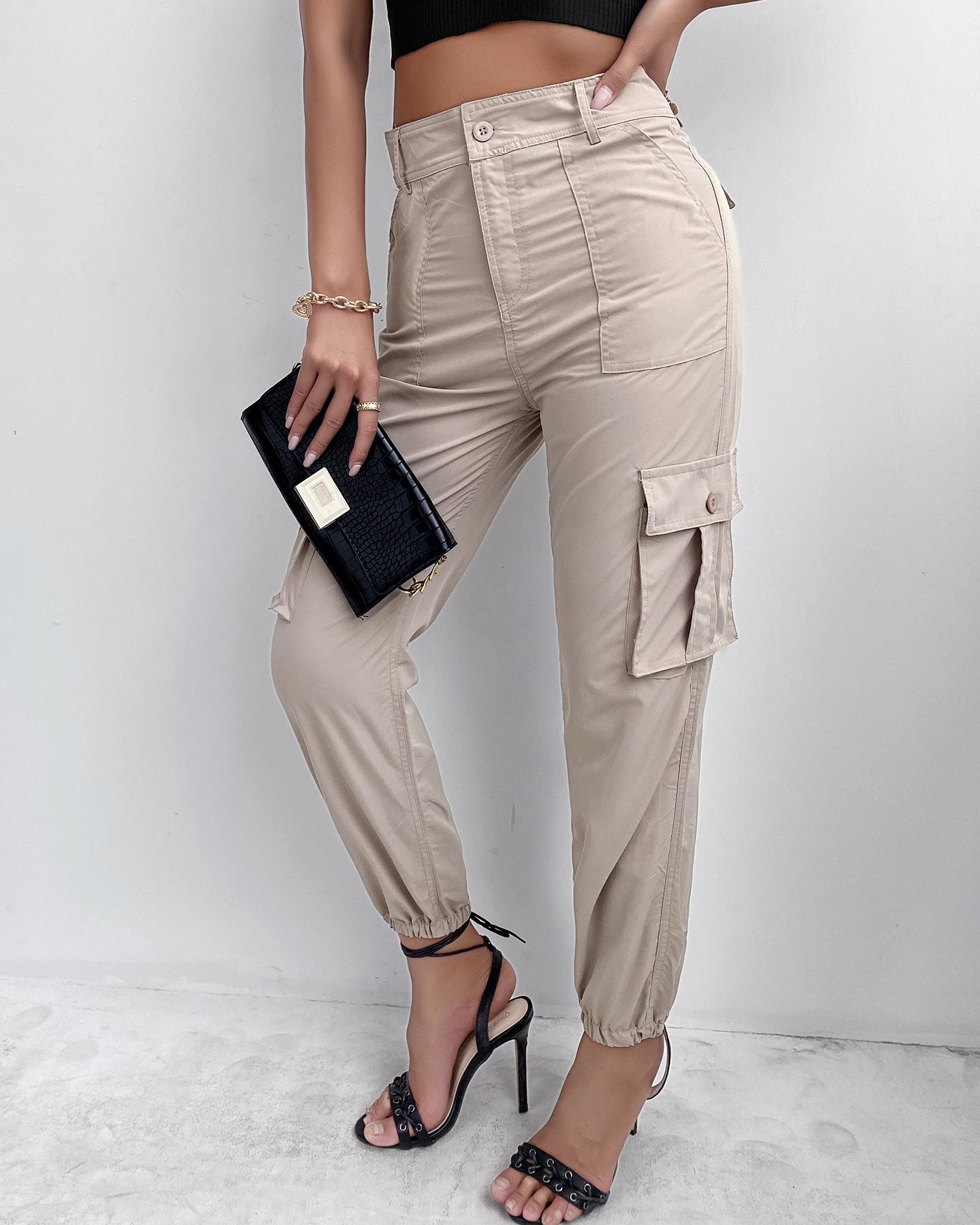 

High Waist Pocket Design Cargo Pants, Khaki