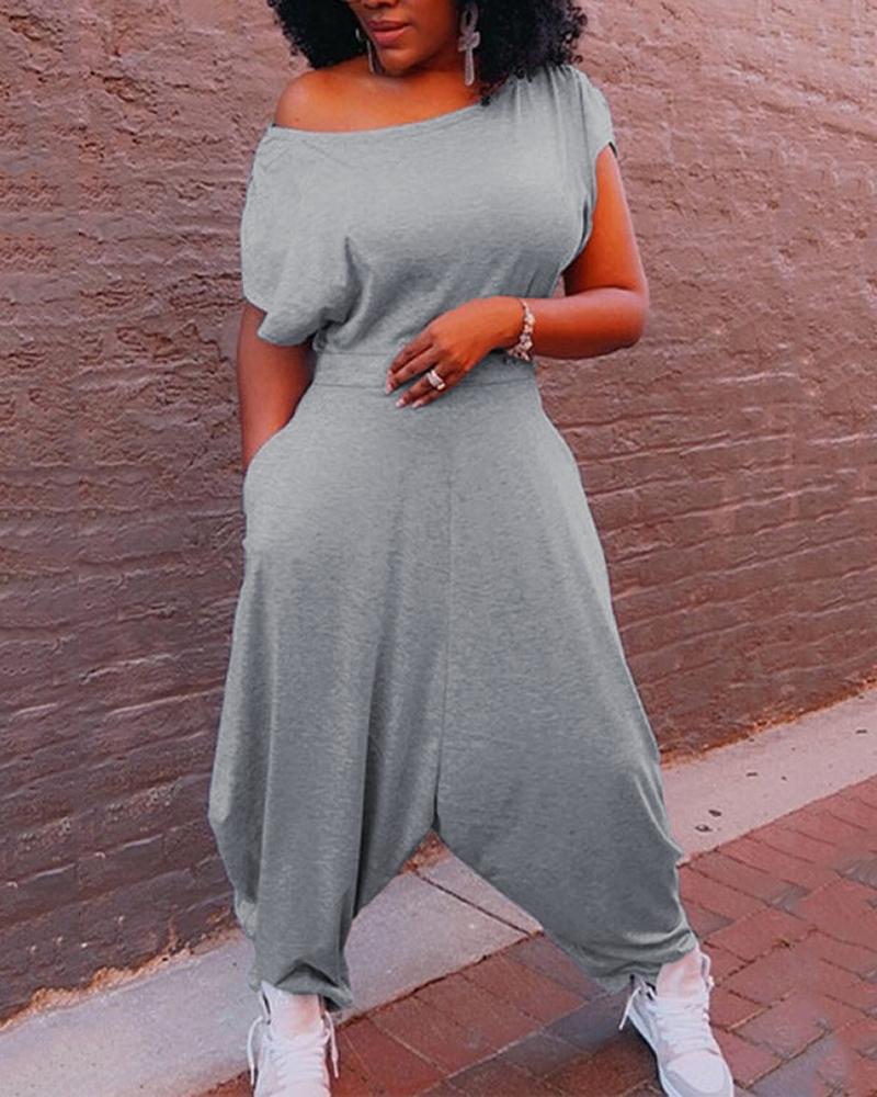 

One Shoulder Pocket Decor Harem Jumpsuit, Gray