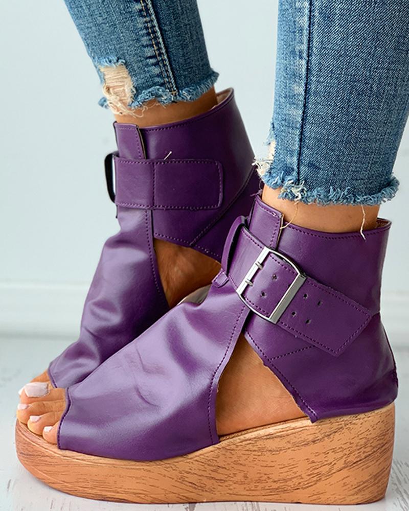 

Eyelet Buckled Cutout Wedge Sandals, Purple