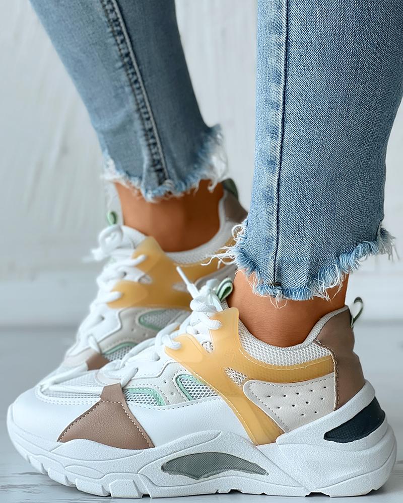 

Colorblock Breathable Lace-up Sneakers, Yellow