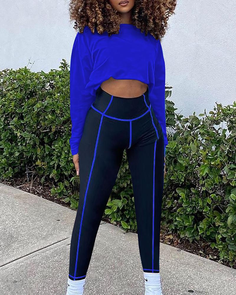 

Plain Long Sleeve Crop Top & Colorblock Skinny Pants Set, Dark blue
