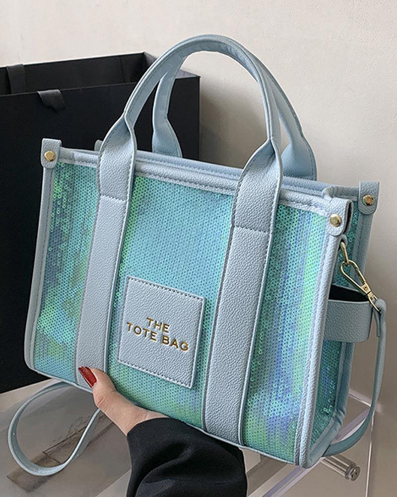

Trendy Large Capacity Sequin Top Handle Tote Bag, Sky blue