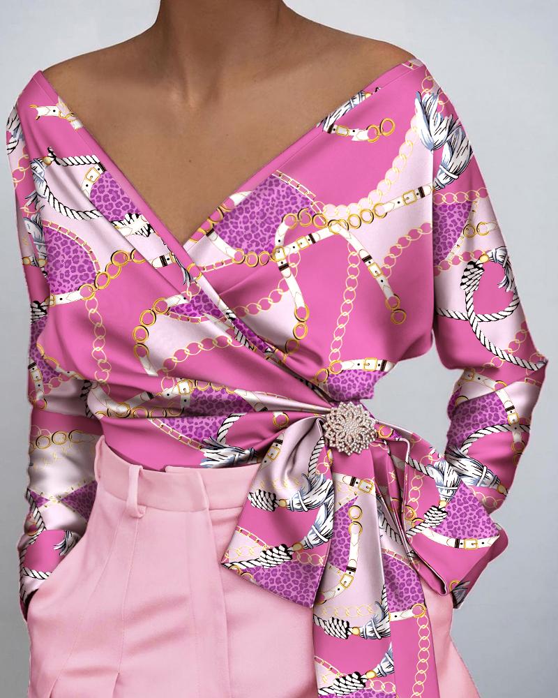 

Chain Print Tied Detail Satin Long Sleeve Top, Pink