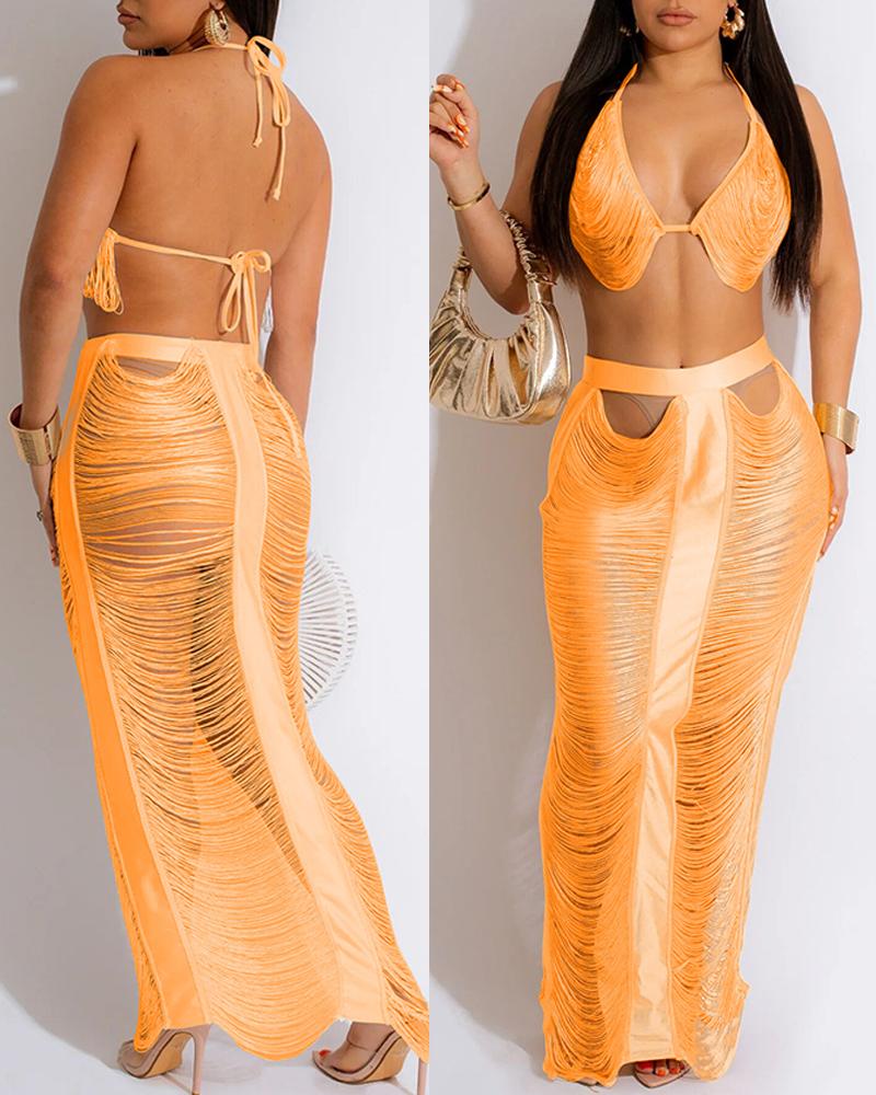 

Hollow Out Bikini Top & Maxi Skirt Set, Orange