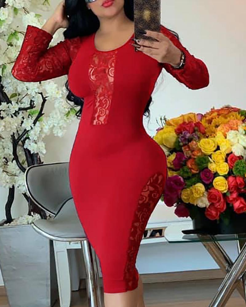 

Solid Round Neck Long Sleeve Lace Insert Bodycon Dress, Red