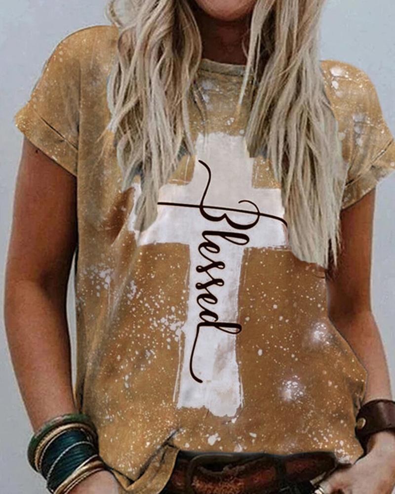 

Cross Patterns & Letter Print Short Sleeve Loose T-shirts, Brown