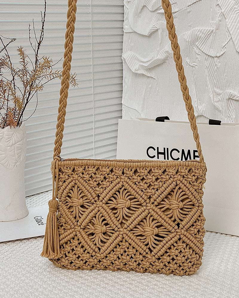 

Tassel Decor Straw Clutch Bag, Khaki