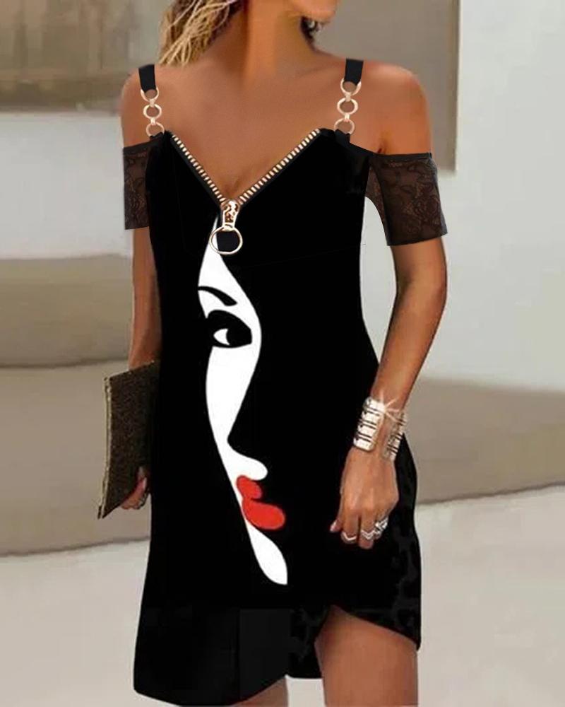 

Abstract Figure Print Cold Shoulder Casual Dress, Black