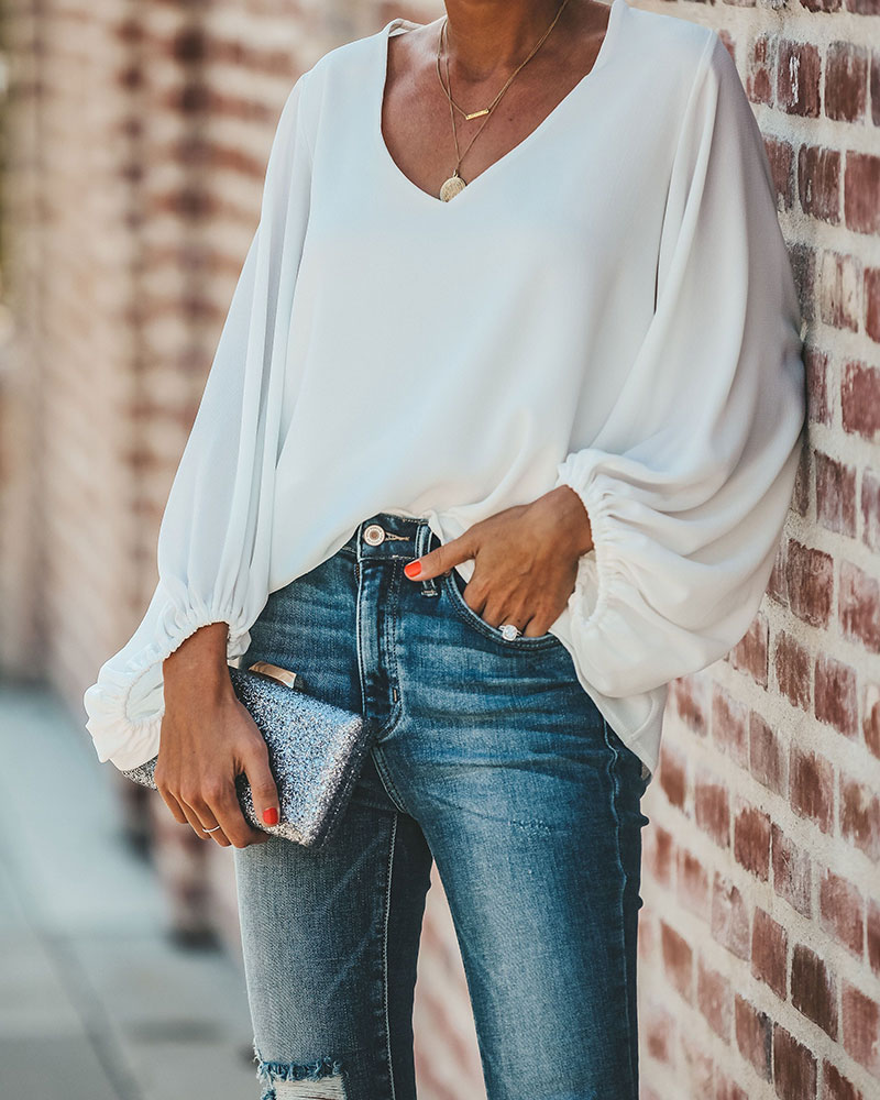 

V Neck Puff Long Sleeve Loose Blouse, White