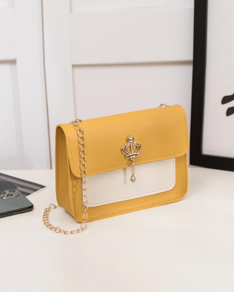 

Crown Decor Lock Chain Strap Flap Shoulder Bag, Yellow