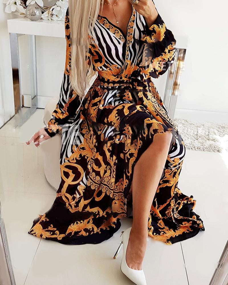

Retro Print High Slit Wrap Maxi Dress, Black