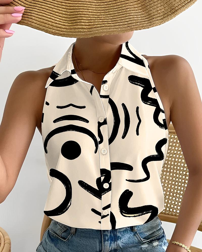 

Figure Print Button Front Sleeveless Top, Apricot