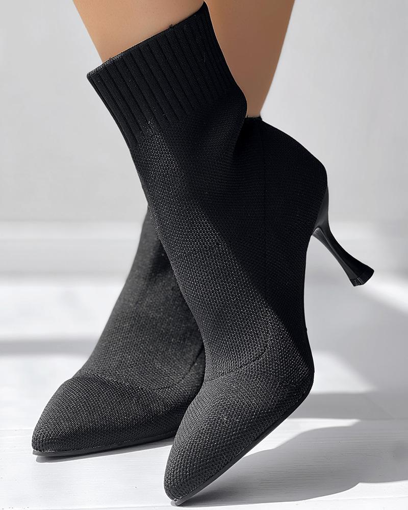 

Point Toe Pyramid Heel Knit Ankle Boots, Black