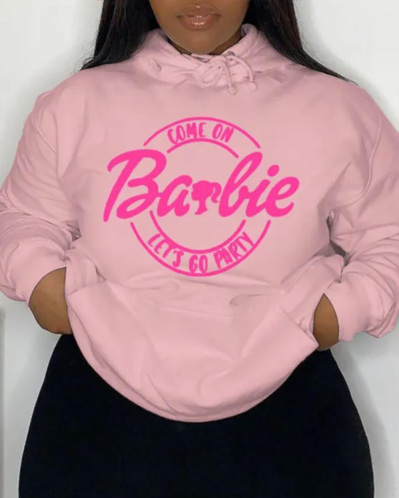 

Plus Size Come On Barbie Let's Go Party Print Drawstring Sweatshirt, Pink