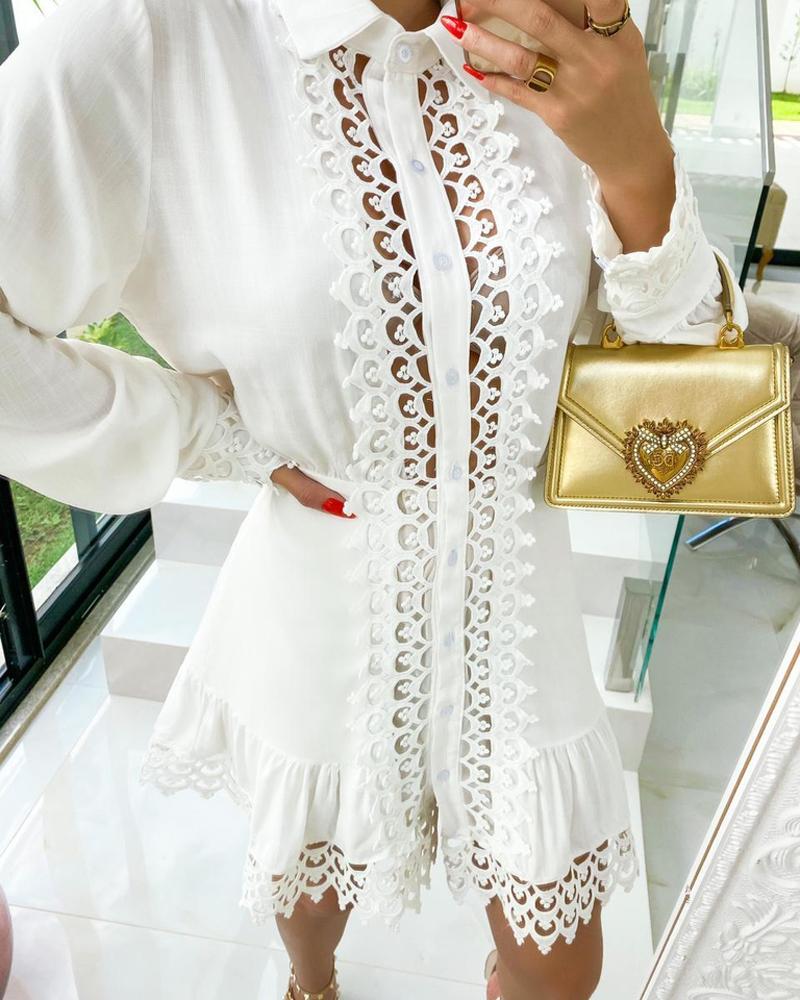 

Contrast Lace Ruffle Hem Long Sleeve Shirt Dress, White